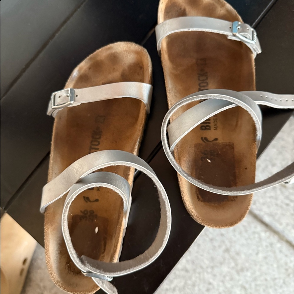 Birkenstock Silver Sandals with Cork Footbed and Adjustable Straps